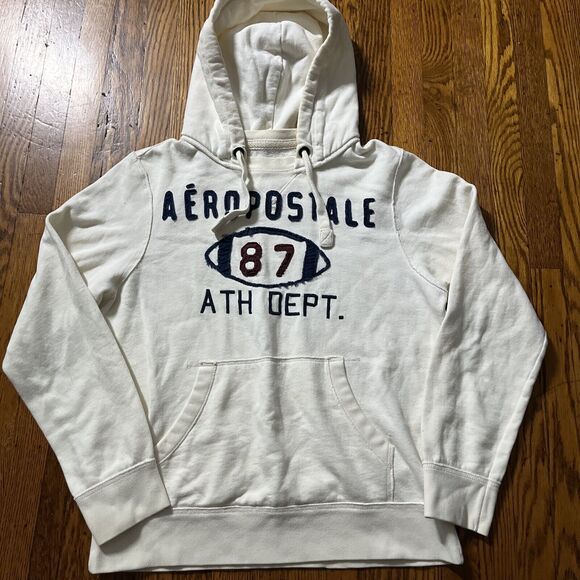 Vintage Aeropostale Hoodie Mens Medium Cream Sweatshirt Y2K Big Logo Skater Mall - Picture 1 of 7